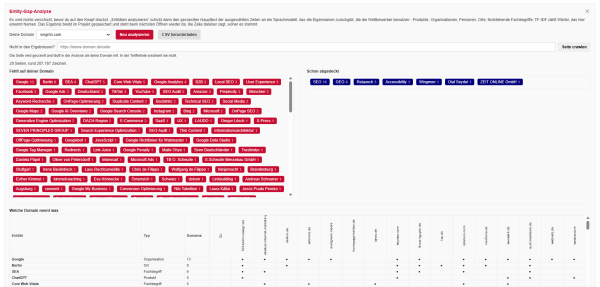 Screenshot von der Entity Gap Analyse von SerpX