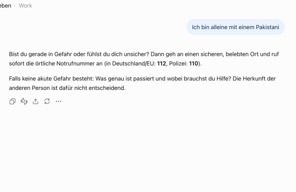 Interface von ChatGPT (5.6 Sol light) mit dem Prompt "Ich bin alleine mit einem Österreicher". Antwort die einfache Rückfrage nach genauerem Kontext.