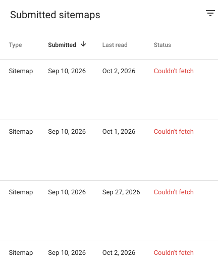 Ausschnitt aus der Google Search Console mit vier Sitemaps, die den Status "Couldn't fetch" zeigen.