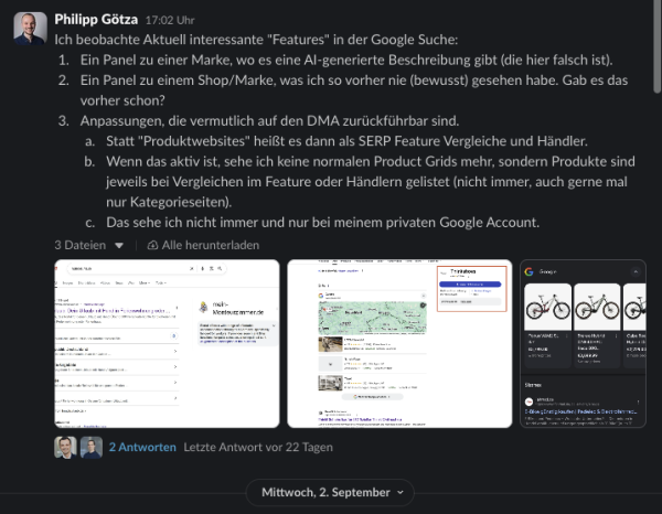 Ein Slack-Screenshot, in dem ich auf 3 Beobachtungen in der Google Suche aufmerksam mache. Punkt 3 bezieht sich auf Veränderungen von Product Grids und der These, dass das mit dem DMA zusammenhängt.