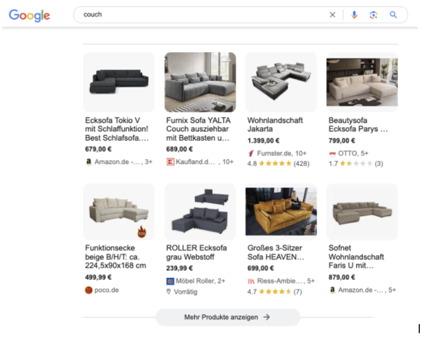 Eine Beispiel-Suchergebnisseite von Google für das Keyword Couch, wo man ein Product Grid mit 6 Produkten sehen kann.
