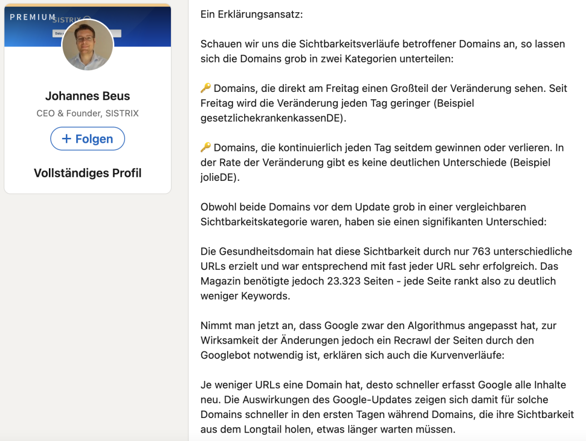 LinkedIn-Beitrag von Johannes Beus, CEO und Gründer von Sistrix: Er teilt die von einem Google-Update betroffenen Domains in zwei Gruppen – solche, die den Großteil der Veränderung direkt am Freitag sehen, und solche, die seitdem jeden Tag ein Stück gewinnen oder verlieren.