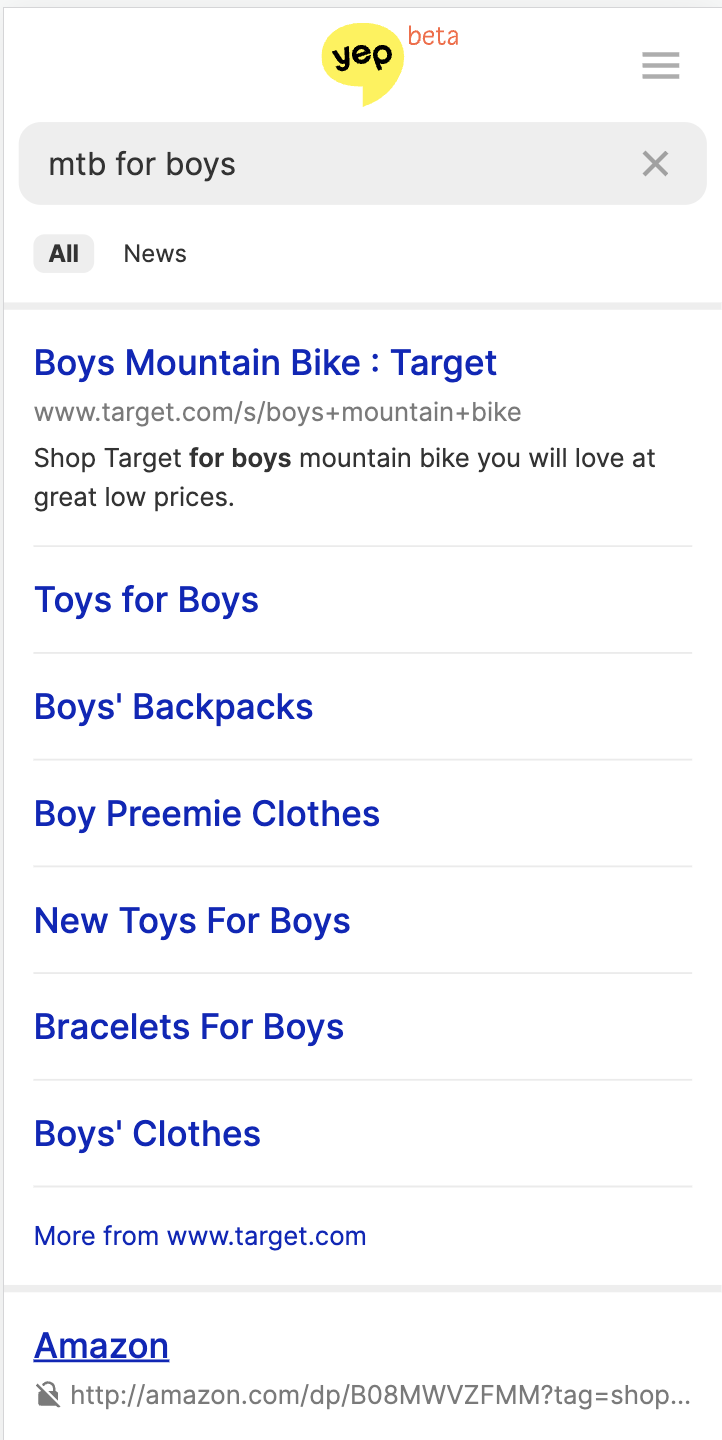 Suchergebnisseite von Yep für „mtb for boys“: Der erste Treffer von Target trägt sieben Sitelinks wie Toys for Boys, Boys Backpacks oder Bracelets For Boys, die mit Mountainbikes nichts zu tun haben.