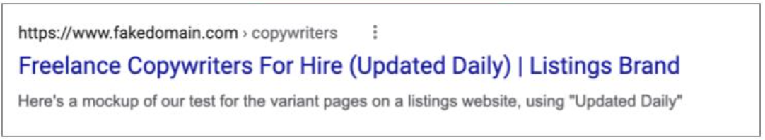 Dasselbe Mockup als Testvariante: Der Title lautet jetzt „Freelance Copywriters For Hire (Updated Daily) | Listings Brand“