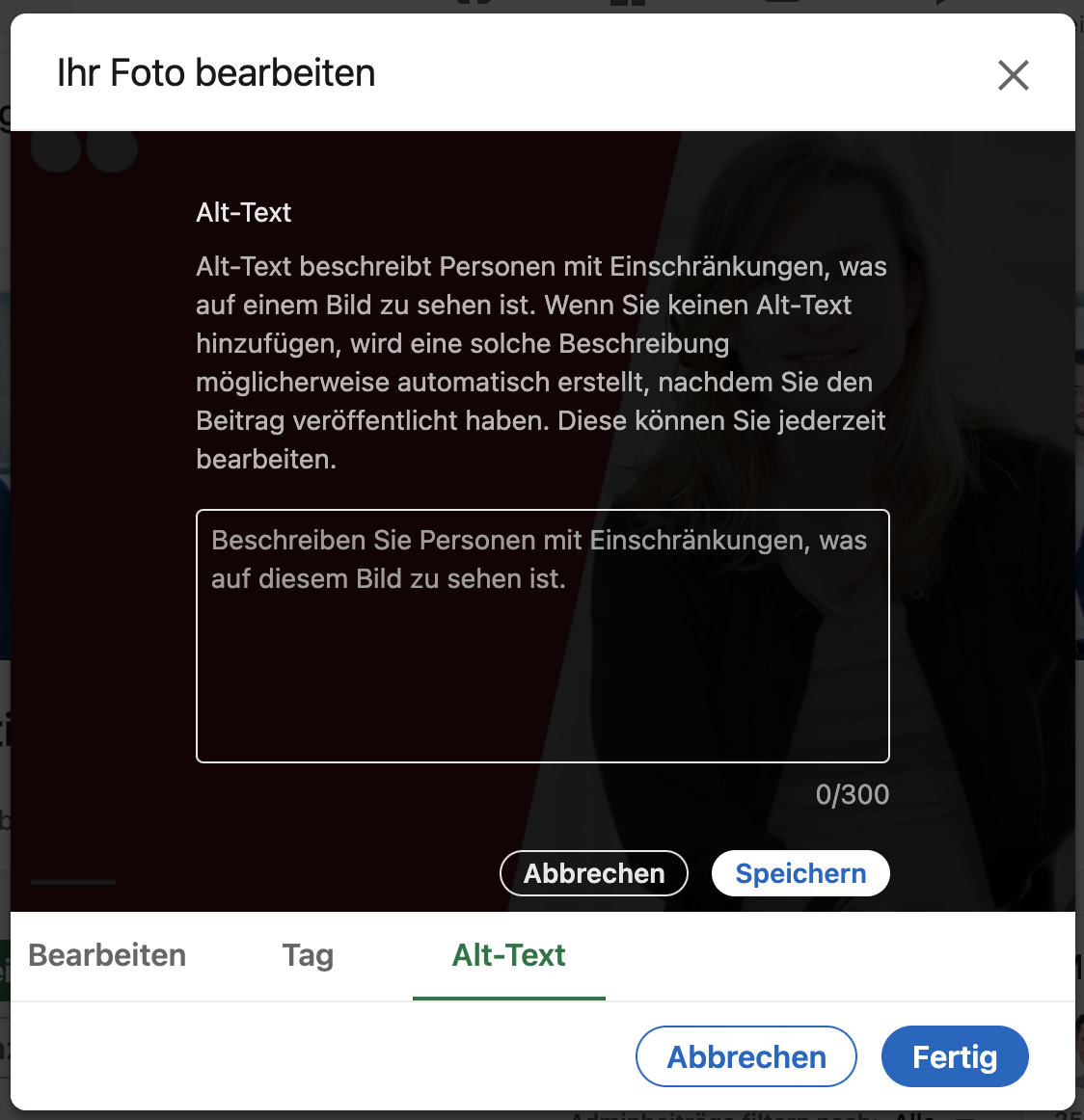 Screenshot von der LinkedIn Website vom Alt-Attribut Bearbeitungsbereich