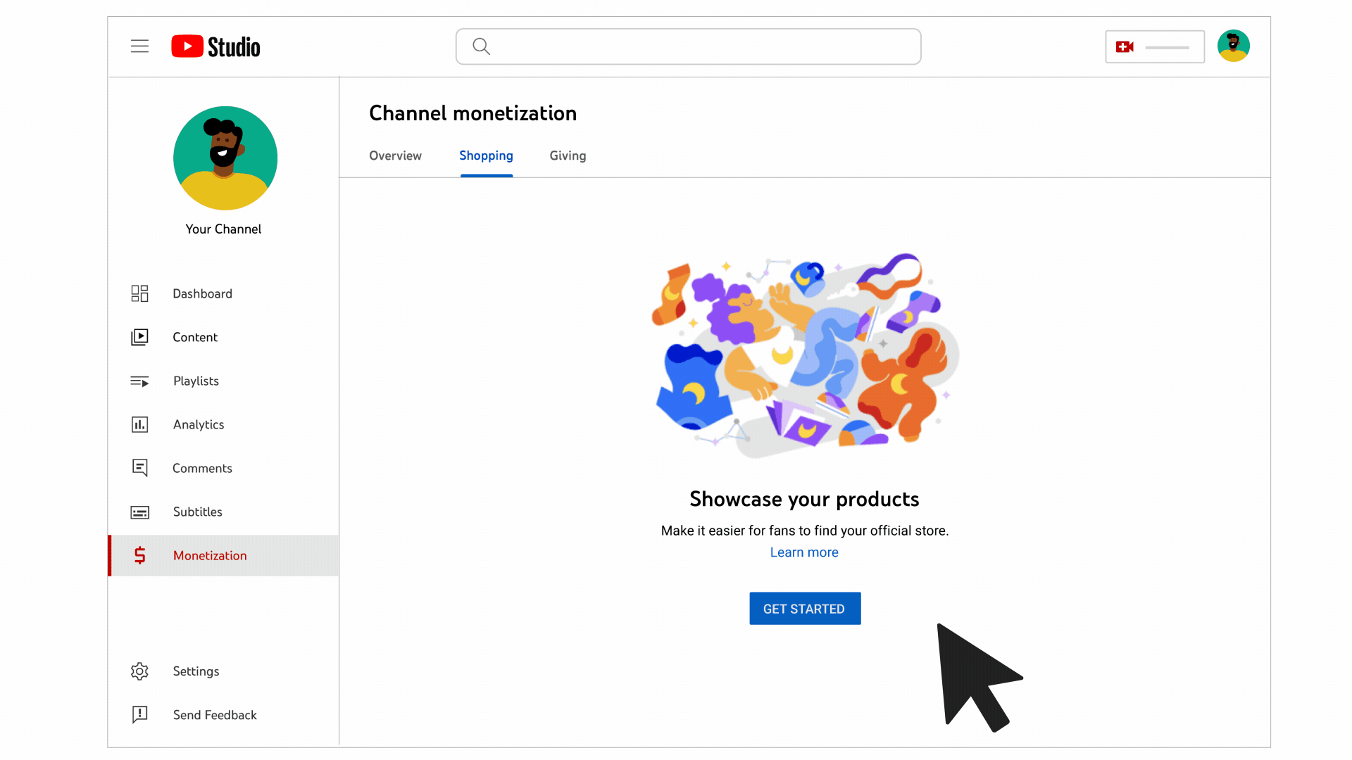 YouTube Studio im Bereich Channel monetization, Reiter Shopping: Unter der Überschrift „Showcase your products“ steht der Knopf „Get started“, auf den ein großer Mauszeiger deutet.