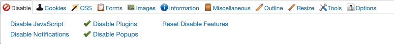 Werkzeugleiste des Web-Developer-Plugins mit dem geöffneten Menü „Disable“: Darin stehen unter anderem „Disable JavaScript“ und „Disable Plugins“