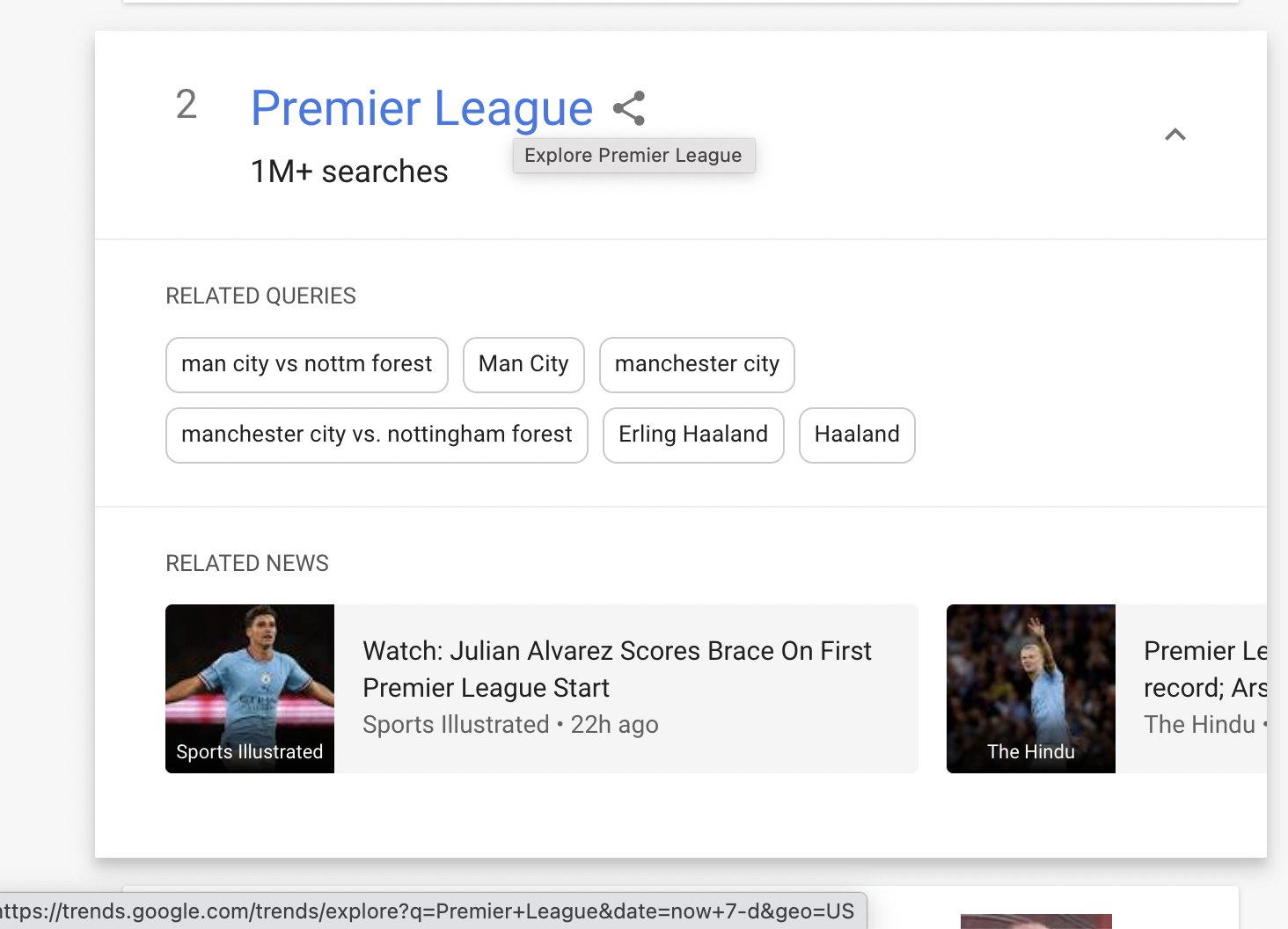 Screenshot Google Trends Hot Topics von Premier League. Unten zu sehen die URL, die auf eine Query- und nicht eine Topic-Suche verlinkt. Verwandte anfragen: Man City, Manchester City, Nottingham Forest und Erling Haaland Screenshot Google Trends Hot Topics von Premier League. Unten zu sehen die URL, die auf eine Query- und nicht eine Topic-Suche verlinkt. Verwandte anfragen: Man City, Manchester City, Nottingham Forest und Erling Haaland