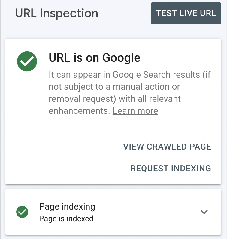Screenshot Google Search Console: URL ist indexiert.