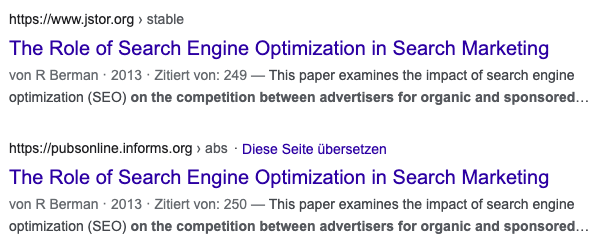 SERP Ergebnisse bei Google Zwei Ergebnisse zu einer wissenschaftlichen Publikation aus der SERP bei Google