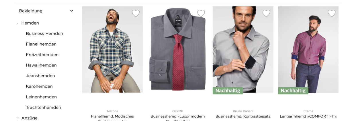 Kategorieseite von baur.de für Hemden: links die Navigation mit Unterkategorien von Business- bis Trachtenhemden, rechts die Produktkacheln