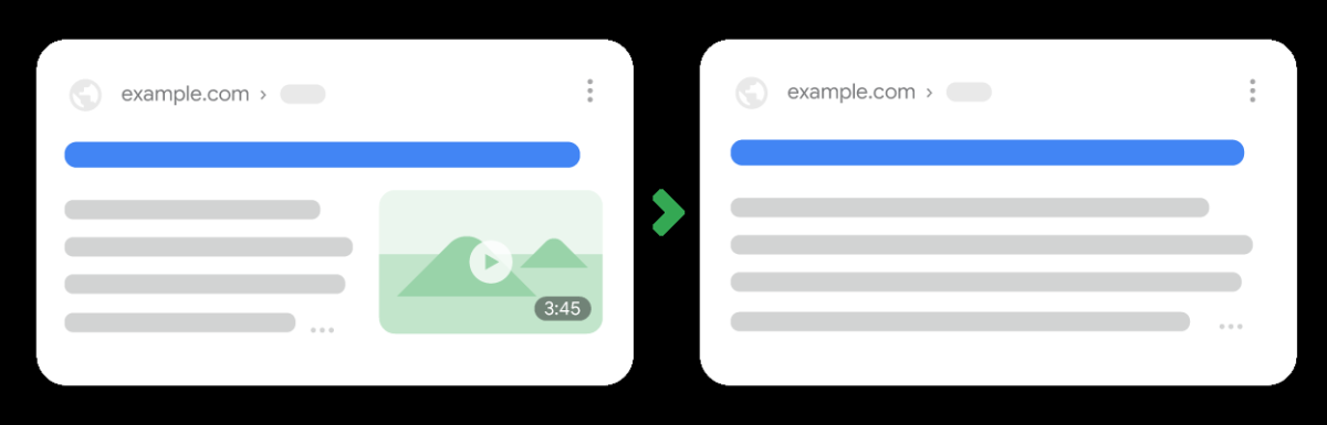 Vorher-Nachher-Vergleich, links Text Snippet mit Video Thumbnail, rechts Text Snippet ohne Video Thumbnail