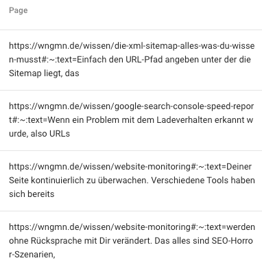 Search Console, Performance-Bericht gefiltert auf Seiten mit „:~:text“: vier URLs von wngmn.de, an die jeweils ein Textfragment als Sprungmarke angehängt ist