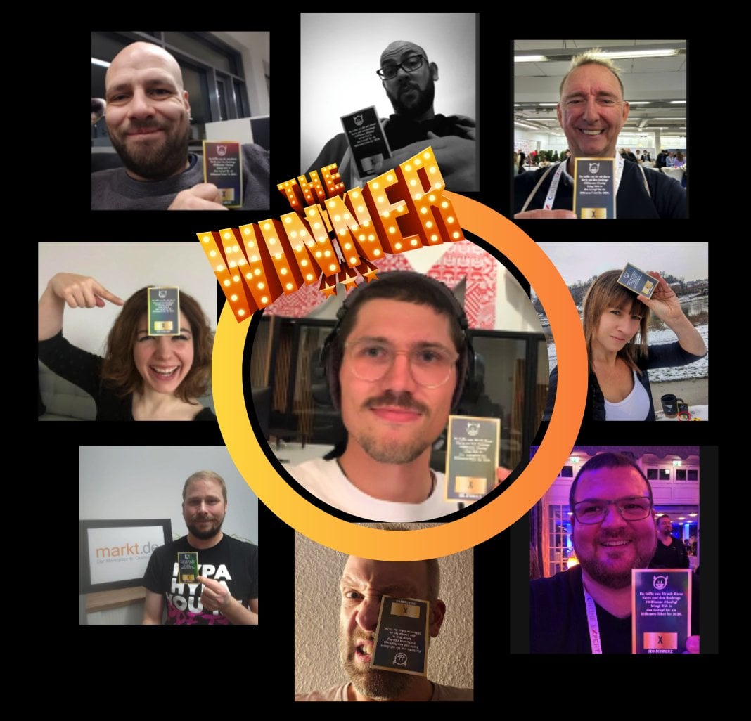 Collage aus 9 verschiedenen Personen, die jeweils eine Spielekarte in die Kamera halten. Man sieht 7 Männer und 2 Frauen. Ein Mann mit Bart und Brille, der eine Karte in der Hand hält, ist vergrößert in der Mitte der Collage mit der Überschrift "The Winner" dargestellt.