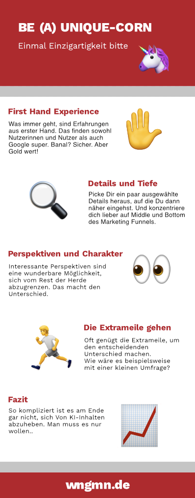 Infografik zu "Be (a) Unique-Corn. Einmal Einzigartigkeit bitte, in dem die folgenden Punkte "First Hand Experience", "Details und Tiefe", "Perspektiven und Charakter", "Die Extrameile gehen" und "Fazit" kurz zusammengefasst werden.