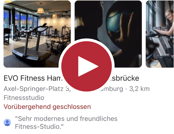 Screenshot aus dem verlinkten Video eines Fitnessstudios. Im Video ist zu sehen, dass jemand einen Ball gegen eine Wand wirft und weitere aufeinander abfolgende kurze Sequentzen von Menschen, die Fitness-Übungen durchführen.