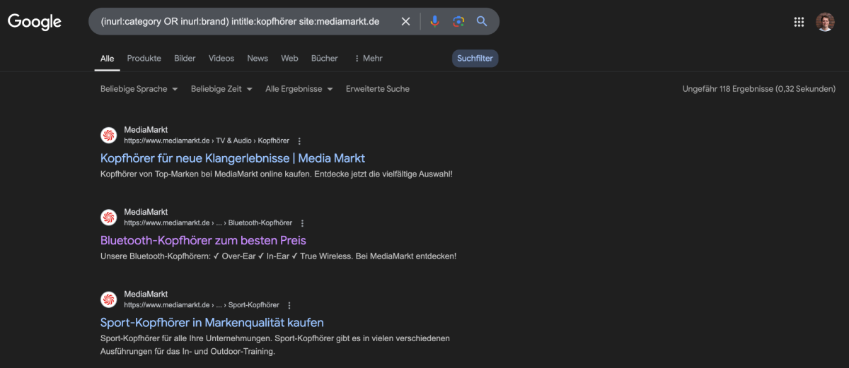 Mit einer Site-Abfrage wurden alle Kategorie und Marken Seiten der Domain MediaMarkt.de mit Kopfhörer im Title angezeigt. Es waren 118 Ergebnisse.
