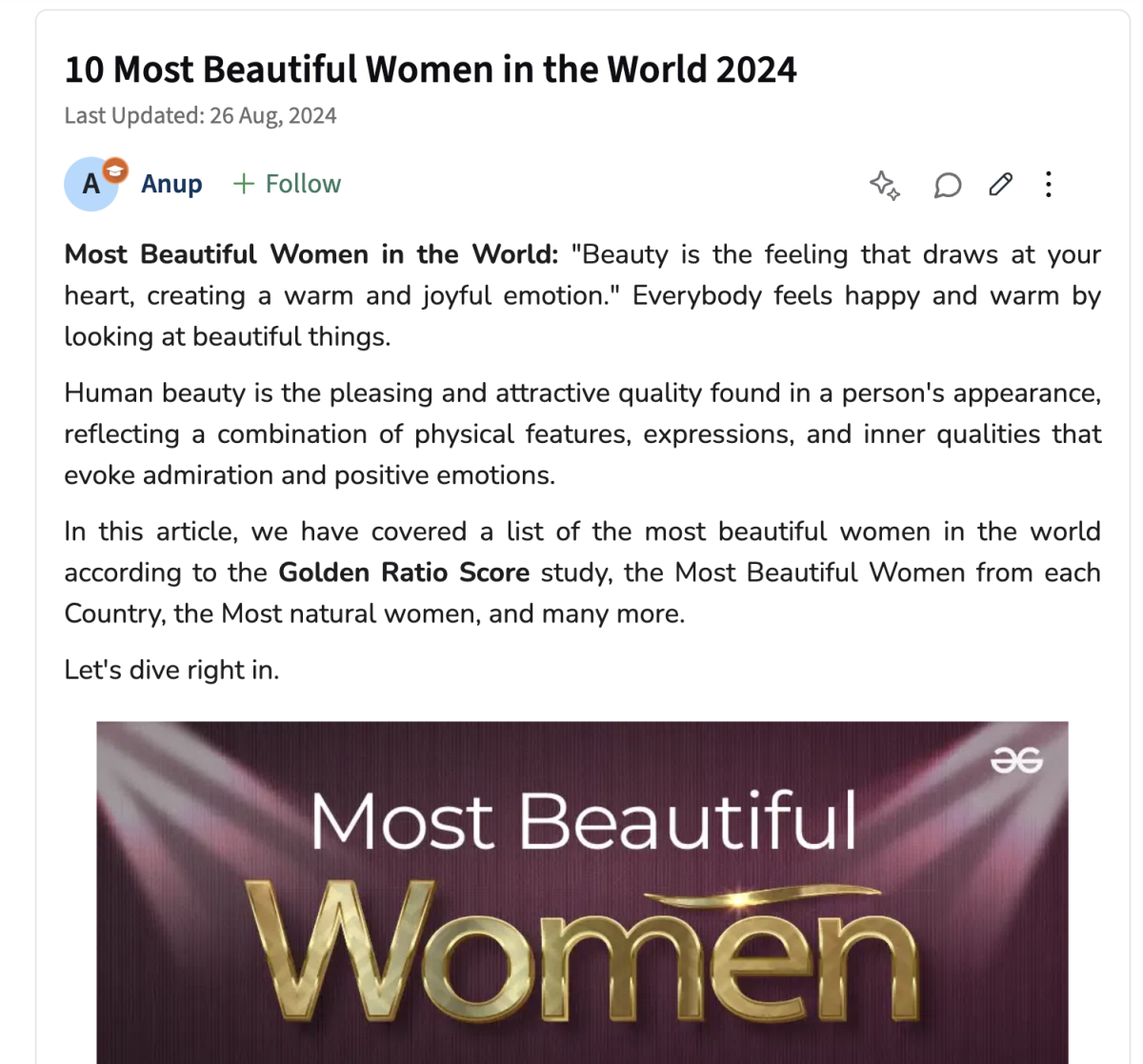 Screenshot des Inhalts zum Thema 10 Most Beautiful Women in the world 2024