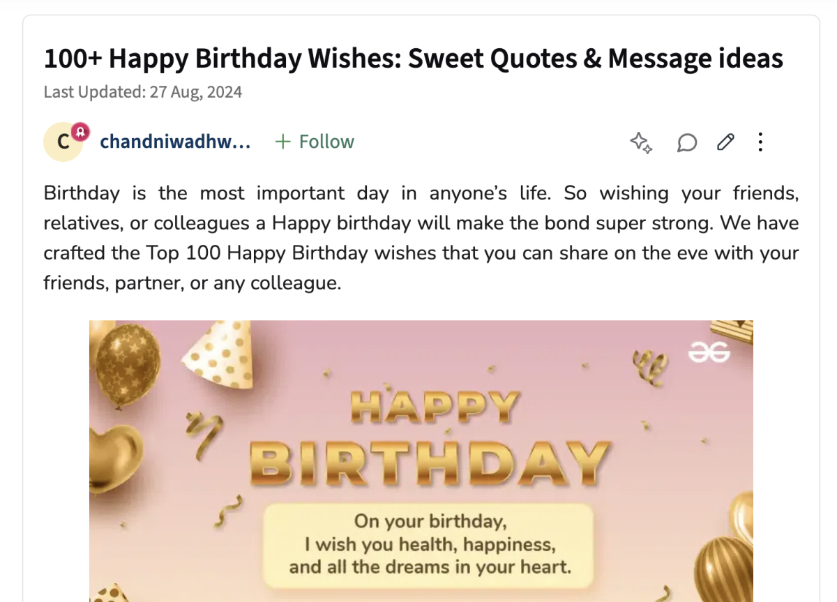 Screenshot des Landingpageinhalts zum Thema 100 Happy Birthday Wishes, Sweet Quotes und Messages