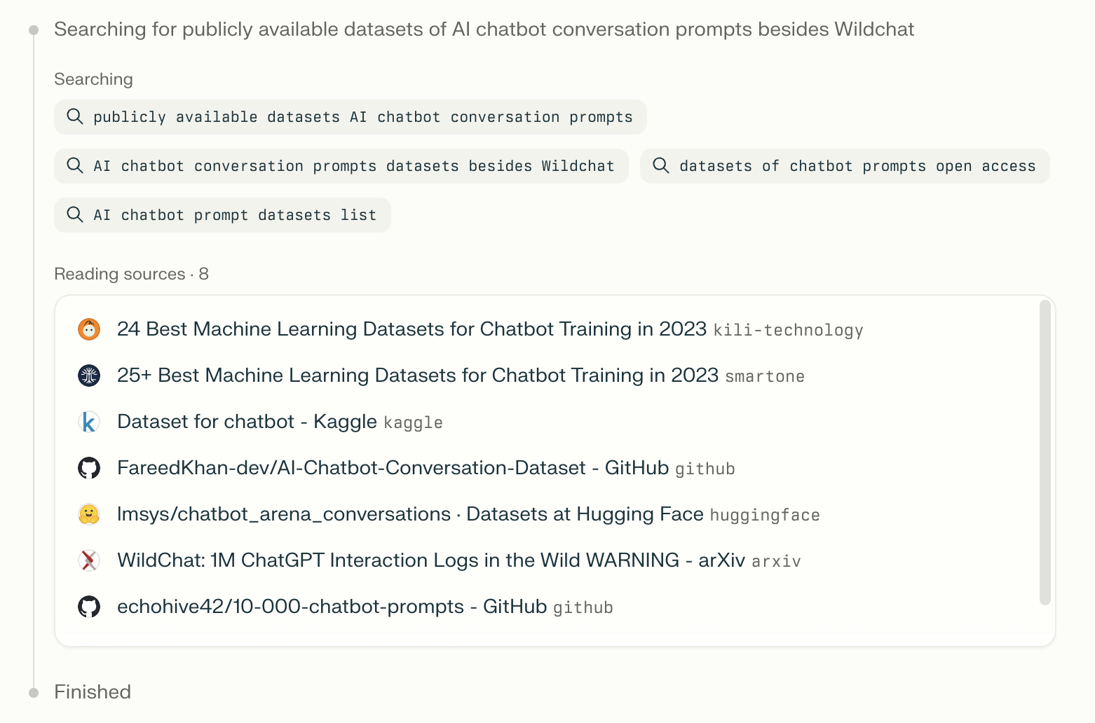 Perplexity zeigt im Bereich "Steps" die verwendeten Sub Queries an. In dieser Konversation z. B. "publicly available datasets AI chatbot conversation prompts".