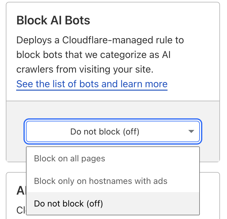 Ein Screenshot des Dropdowns auf Cloudflare mit dem eingestellt werden kann, ob AI Bots geblockt werden sollen.