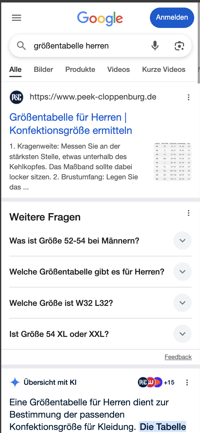 Die above the fold mobile View der Google Suchergebnisseite der Suchanfrage "größentabelle herren": zuerst ein Snippet von P&C, darunter die Fragenbox