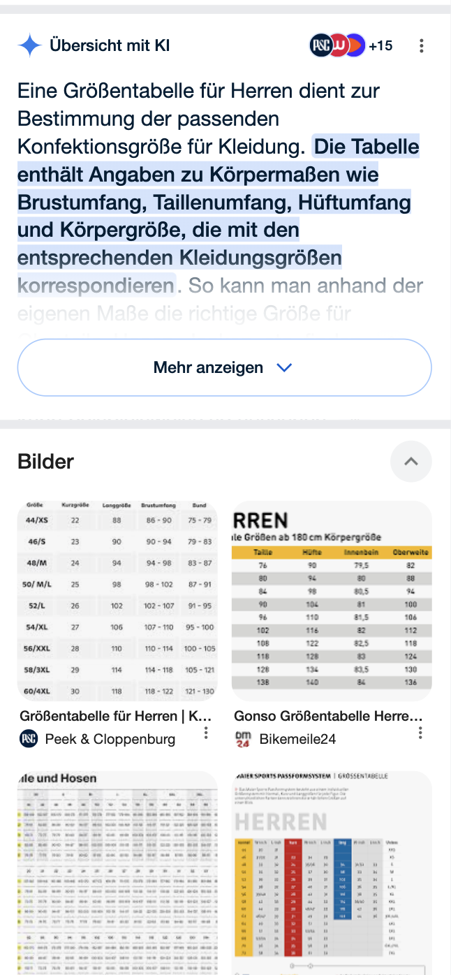 Die weiter runter gescrollte mobile View der Google Suchergebnisseite der Suchanfrage "größentabelle herren": zuerst ein AIO, darunter die Bilder-Box