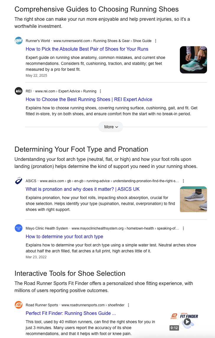 Web-Guide-Ergebnisseite mit mehreren Themenblöcken zu Laufschuhwahl, jeweils mit Überschrift, Kurztext, Links und einem ‚More‘-Schalter.
