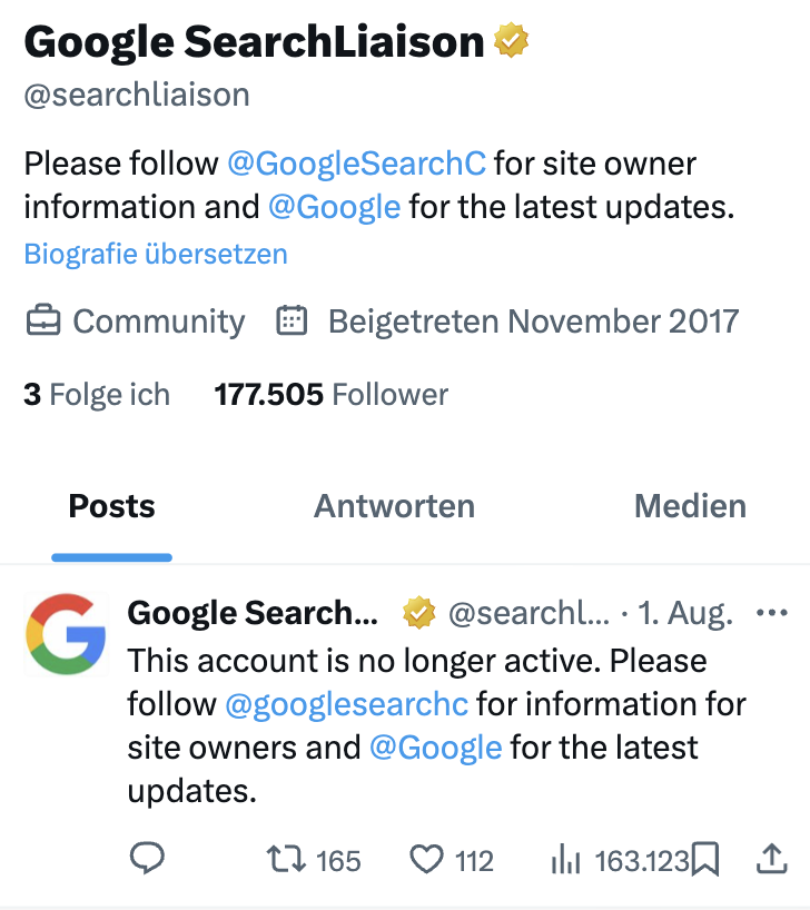 Account der Google SearchLiaison mit dem Abschiedstext und Verweis auf andere Google-Kanäle für die letzten Updates.