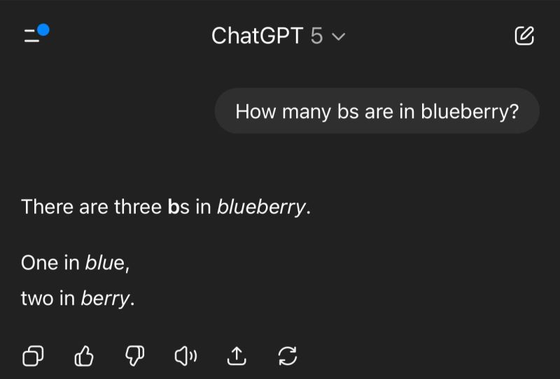 ChatGPT Konversation: How many bs are in blueberry? ChatGPT-5 behauptet, es wären zwei