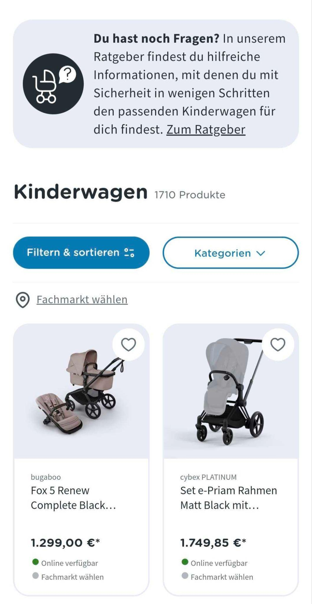 Infobox auf BaybOne-Website mit Hinweis auf Kinderwagen-Ratgeber, darunter Produktliste mit Bugaboo Fox 5 Renew Complete Black Taupe und Cybex Platinum Set e-Priam Rahmen Chrome Black mit Wagen