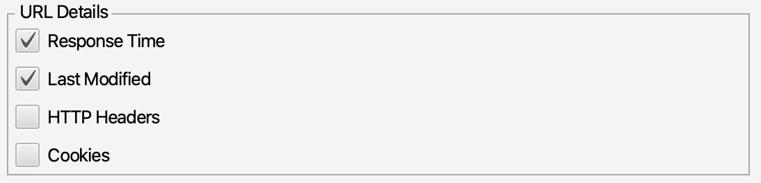 Screenshot des Screaming-Frog-Konfigurationsdialogs „URL Details“ mit vier Kontrollkästchen: „Response Time“ und „Last Modified“ sind angehakt, „HTTP Headers“ und „Cookies“ nicht.