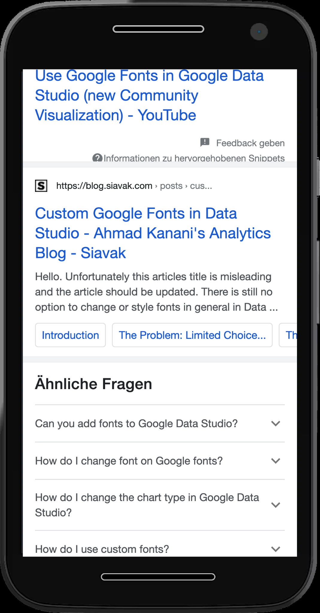 Mobiles Google-Suchergebnis zu Google Fonts in Data Studio: Im Snippet steht ein Nutzerkommentar „Unfortunately this articles title is misleading and the article should be updated“ statt einer Beschreibung