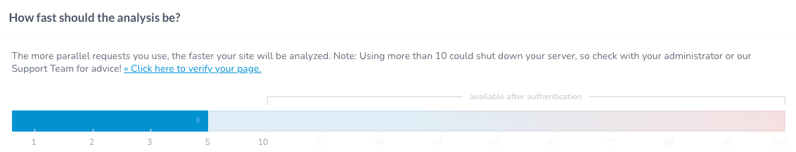 Einstellung „How fast should the analysis be?“ eines Crawlers: Der Regler für parallele Anfragen lässt sich nur bis 5 bewegen, der Bereich darüber bis 100 ist ausgegraut und mit „available after authentication“ beschriftet