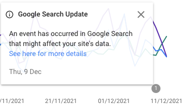 Hinweiskasten in der Search Console: „Google Search Update – An event has occurred in Google Search that might affect your site’s data“, datiert auf Donnerstag, 9. Dezember
