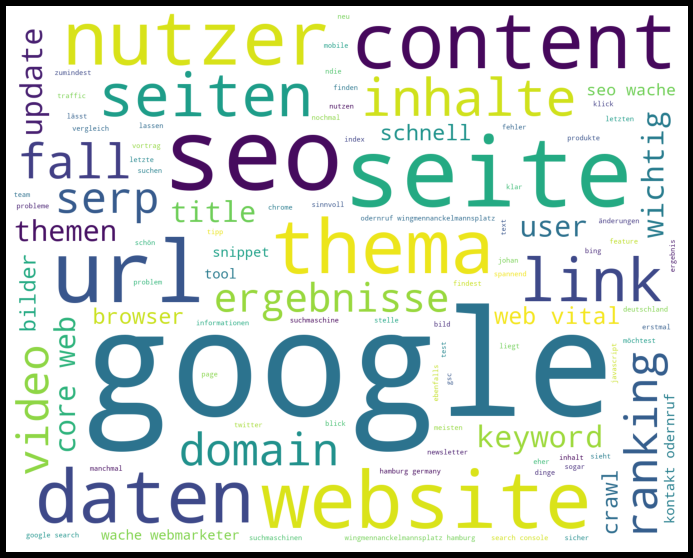 Wortwolke aus 100.000 Wörtern des Newsletter-Archivs: Am größten stehen google, seite, seo, thema, url, website und daten