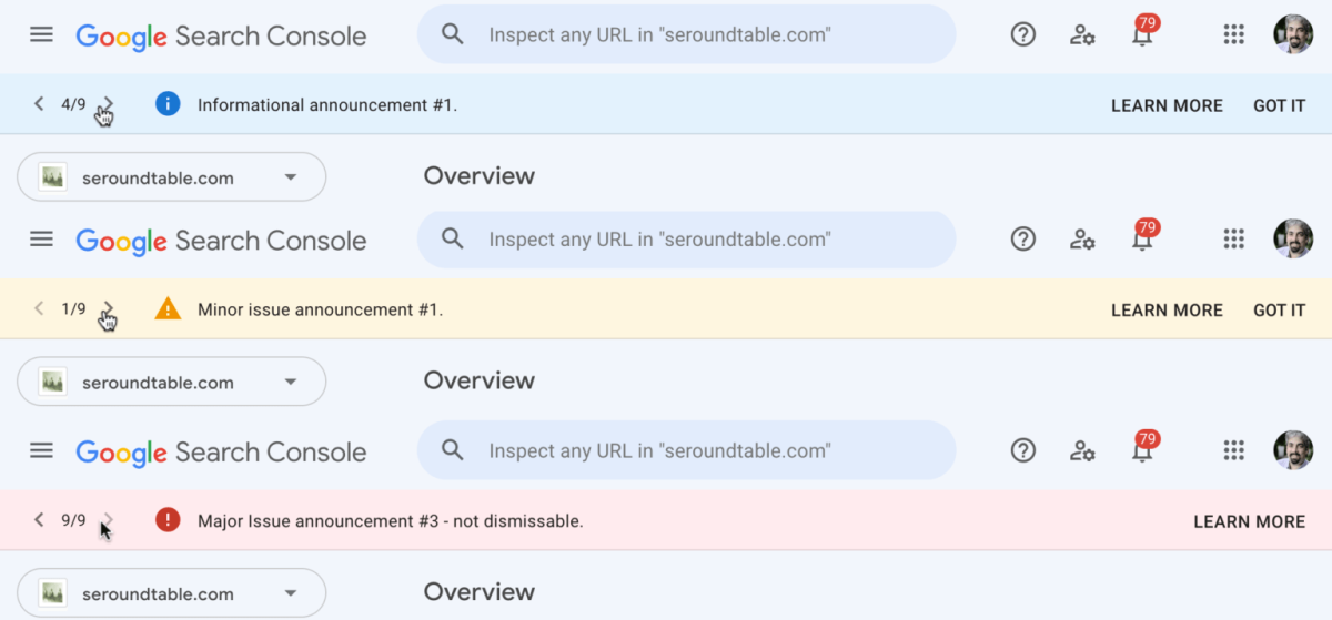 Drei Ansichten der Search Console übereinander mit einer neuen Meldungsleiste: blau „Informational announcement“, gelb „Minor issue announcement“ und rot „Major Issue announcement – not dismissable“