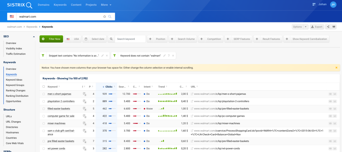 Sistrix-Keyword-Liste für walmart.com mit dem Filter „Snippet text contains ‚No information is available‘“: 2.952 Keywords, deren Suchergebnisse ein leeres Snippet zeigen