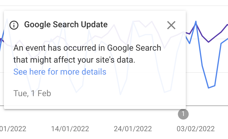 Hinweiskasten in der Search Console vom 1. Februar: âAn event has occurred in Google Search that might affect your siteâs dataâ, dahinter die Verlaufskurven
