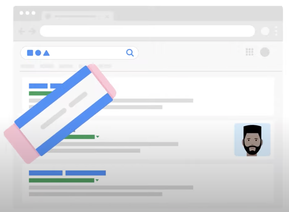Google-Illustration: In einem Browserfenster mit Suchergebnissen radiert ein großer Radiergummi einen Treffer aus, rechts daneben steht noch das Porträtbild einer Person.
