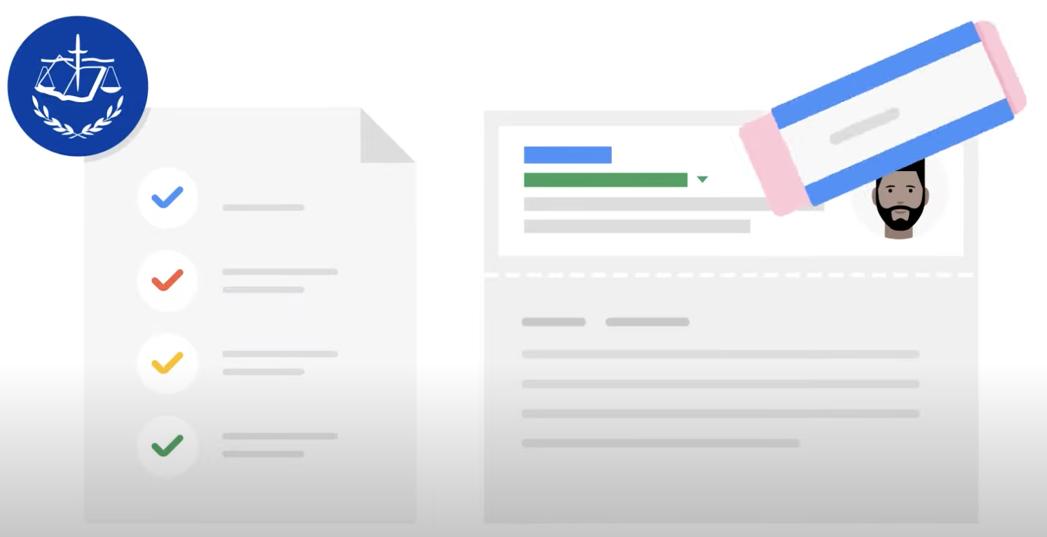 Google-Illustration mit einem Waage-Emblem: links eine Prüfliste mit vier abgehakten Punkten, rechts ein Suchergebnis samt Porträtbild, das ein Radiergummi gerade entfernt.