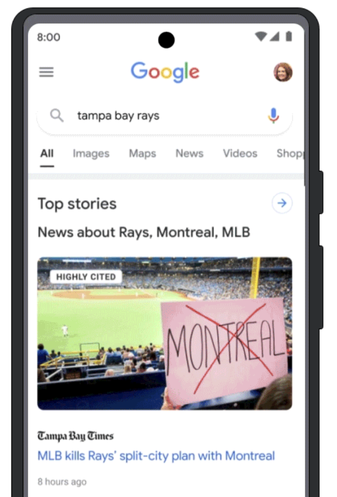 Mobile Google-Suche zu „tampa bay rays“: Über dem Bild eines Top-Stories-Treffers der Tampa Bay Times sitzt das neue Label „HIGHLY CITED“