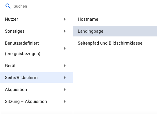 Google Analytics 4, Auswahl der Dimensionen: Unter âSeite/Bildschirmâ stehen Hostname, Landingpage sowie Seitenpfad und Bildschirmklasse